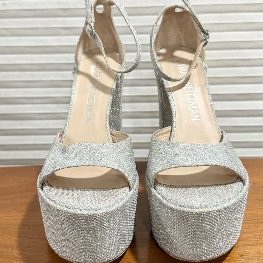 🌹STUART WEITZMAN🌹 Skyhigh 145 Silver Platform Sandal Heel Size: 10